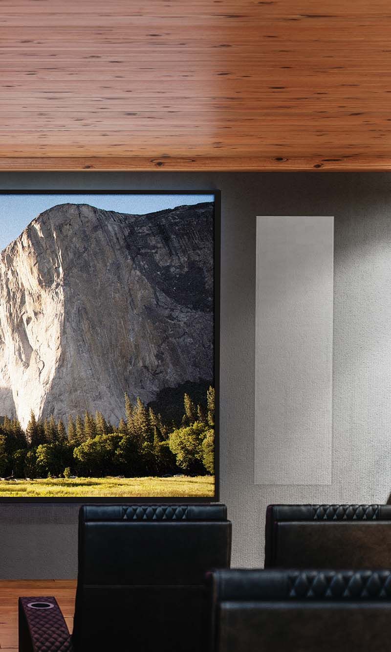 A martin logan speaker flush in the wall next to a projector screen with nature scene