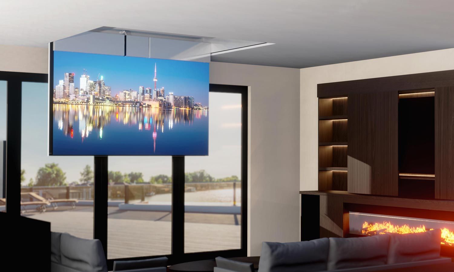 a tv that is mounted to the ceiling and has lowered in a modern residence