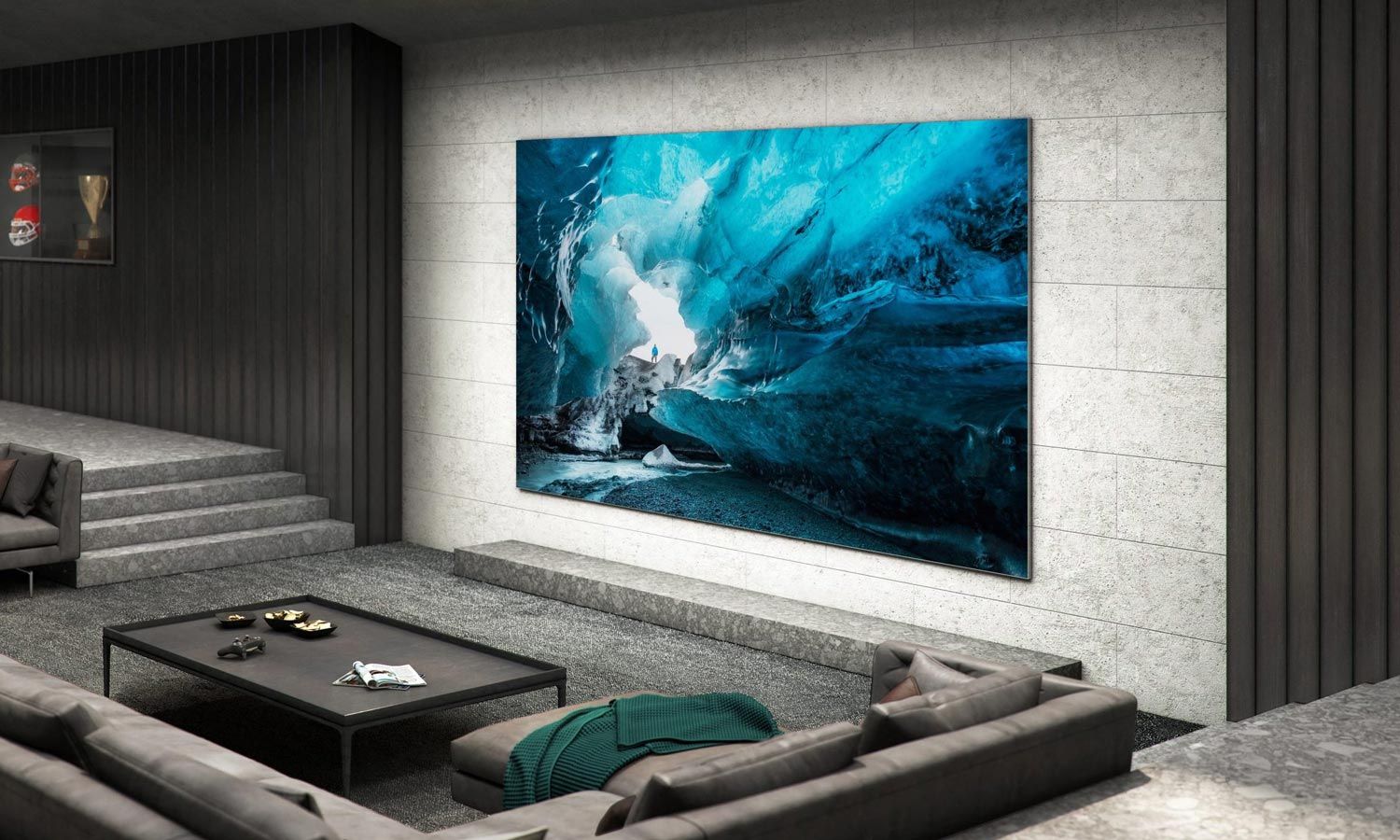 samsung home theater, large blue screen on a marble wall