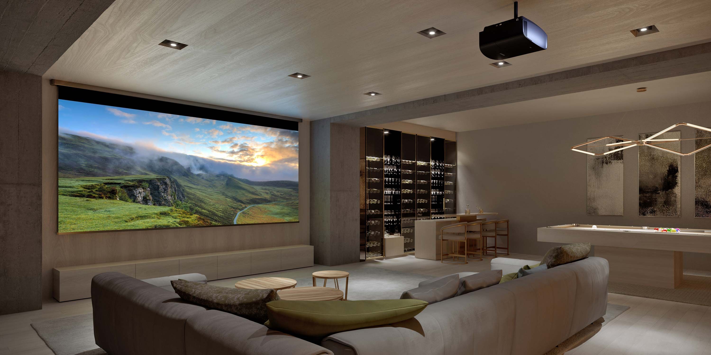 bar room with a large sony projector and neutral colors