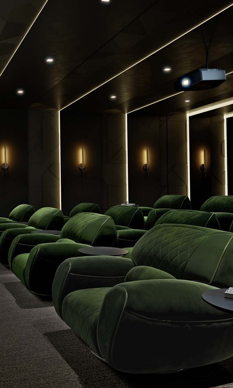 Rich green theater seating in a sony home theater