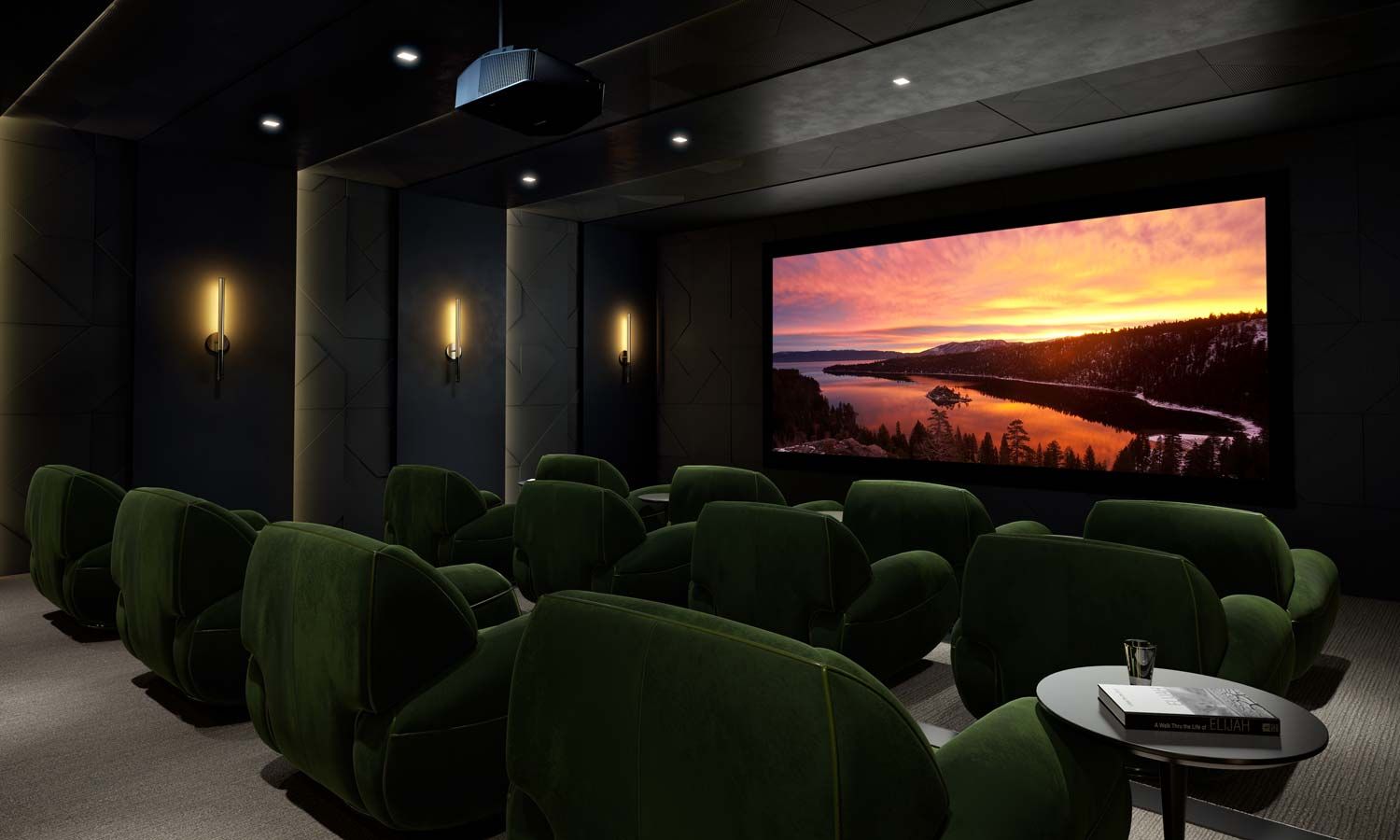 home theater with a sunset scene and green seating