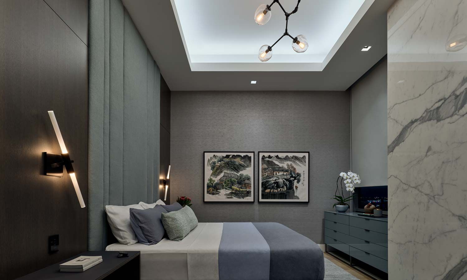 bedroom with warm modern design and lutron lighting