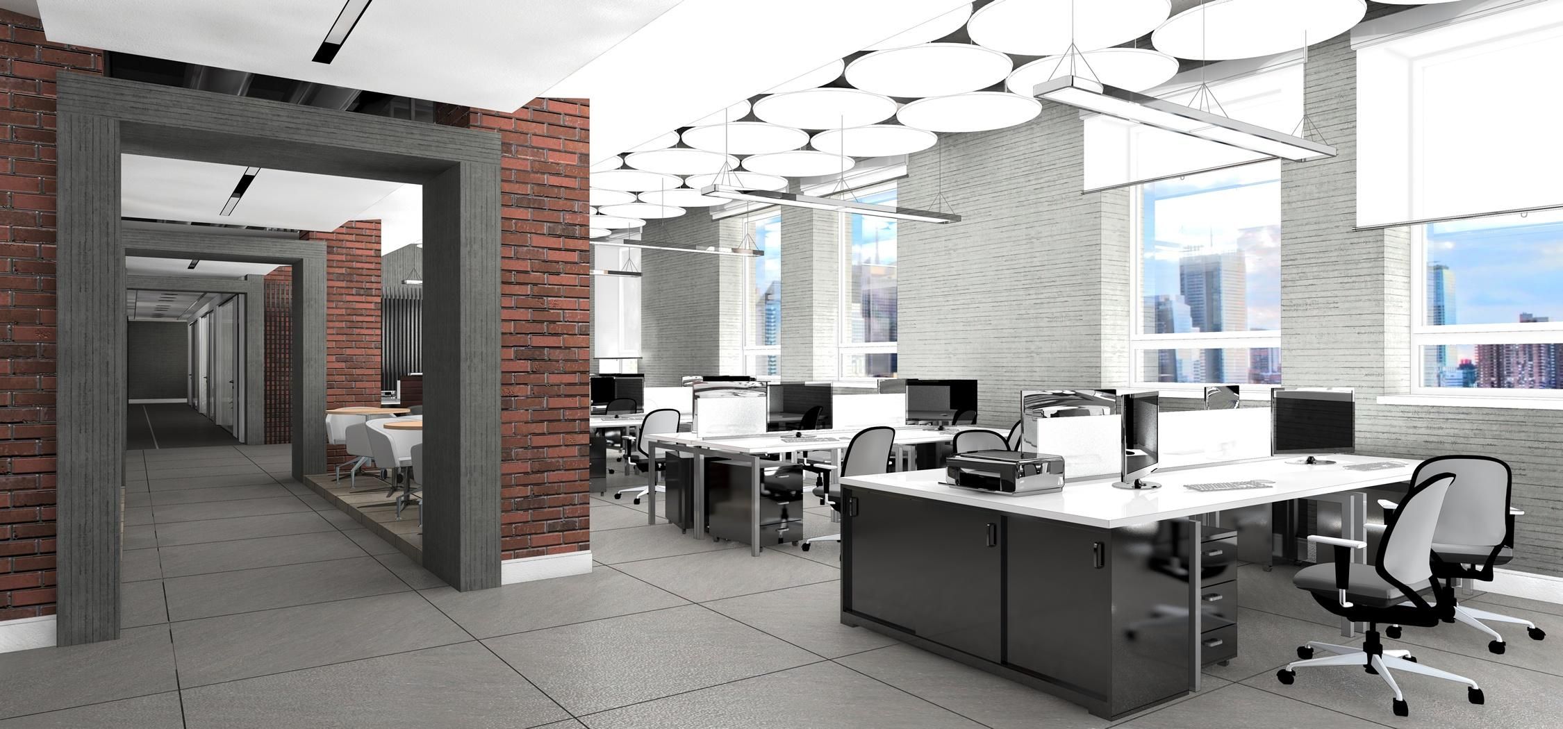 black and white office with desks and brick walls