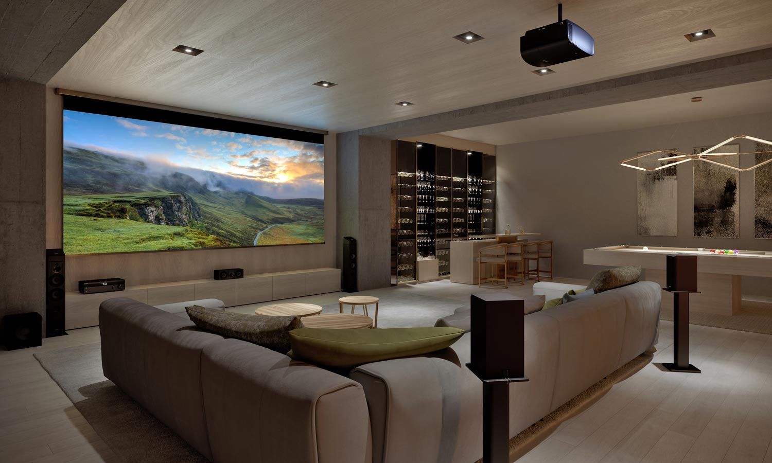 sony home theater modern and clean, bar and game room